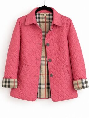 Burberry Pink Quilted Coat with Signature Plaid Interior